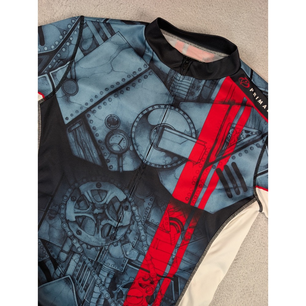 Primal Wear Mens Cycling Jersey Large Blue Red Steampunk Gear Graphic Bike Shirt